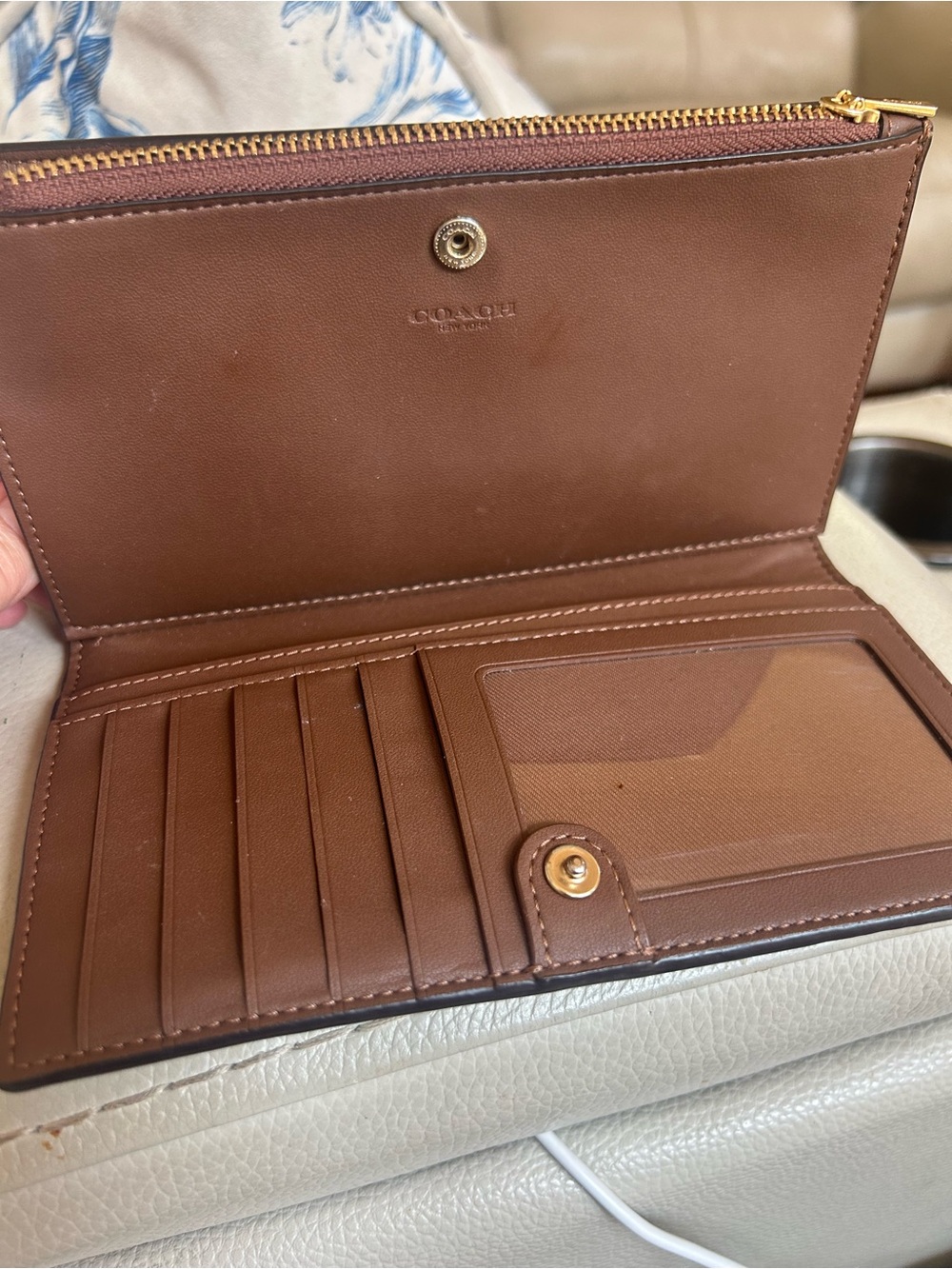Coach Brown Signature Canvas Continental Wallet with Gold Logo - Picture 3 of 4